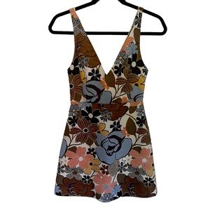 Trafaluc by Zara Floral Jacquard Mini Dress XS Metallic Sleeveless Deep V-Neck
